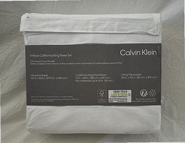4 pc Calvin Klein 270 TC Percale White Cal. King Sheet Set NIP