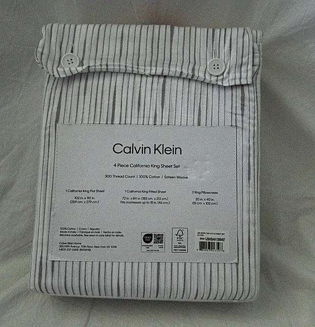 4 pc Calvin Klein 300 TC White & Grey Ink Drips Cal. King Sheet Set NIP