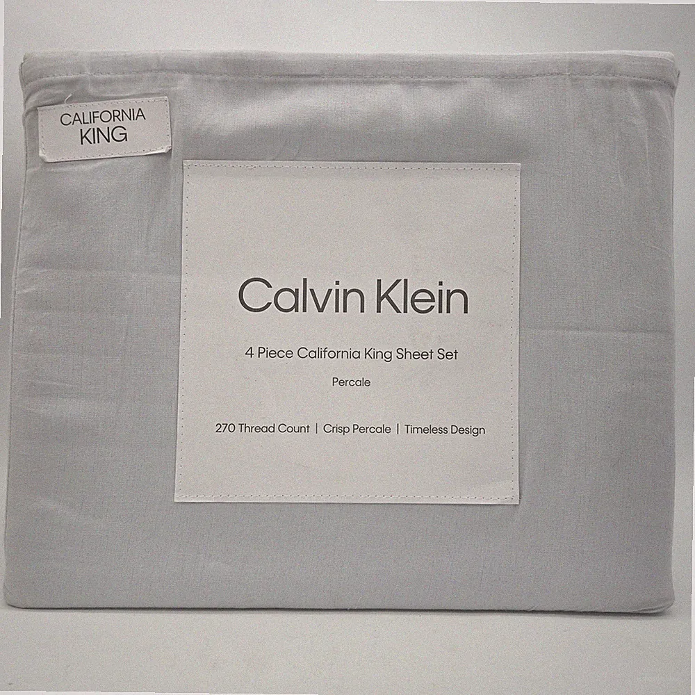 Calvin Klein California King Size 270 Cotton Percale Blue Gray Sheet Set 4 Pc