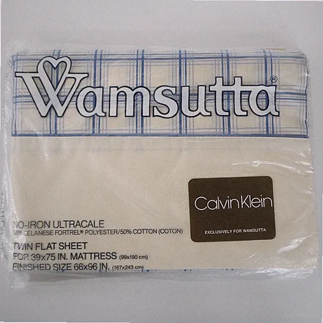 Calvin Klein Wamsutta Handkerchief Plaid Blue Twin Flat Sheet Polycotton VTG USA