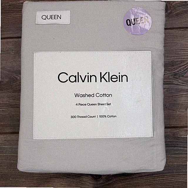 Calvin Klein Washed Cotton Queen Sheet Set 4pc 300TC Grey NEW