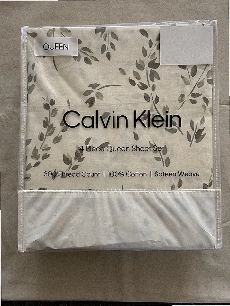 NEW 4pc Calvin Klein Queen Sheet Set Nature AIRY BOTANICAL Green on Off-White
