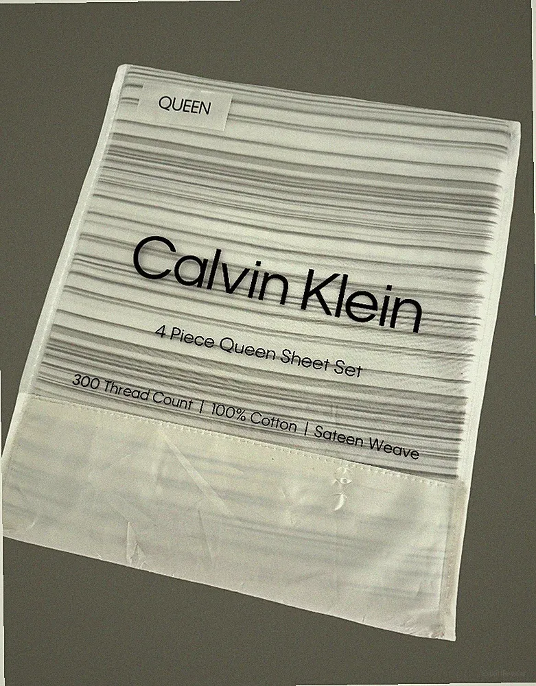 New Calvin Klein Queen Sheet Set 4 PCS Cotton Deep Fit White Gray Stripes 300 TH