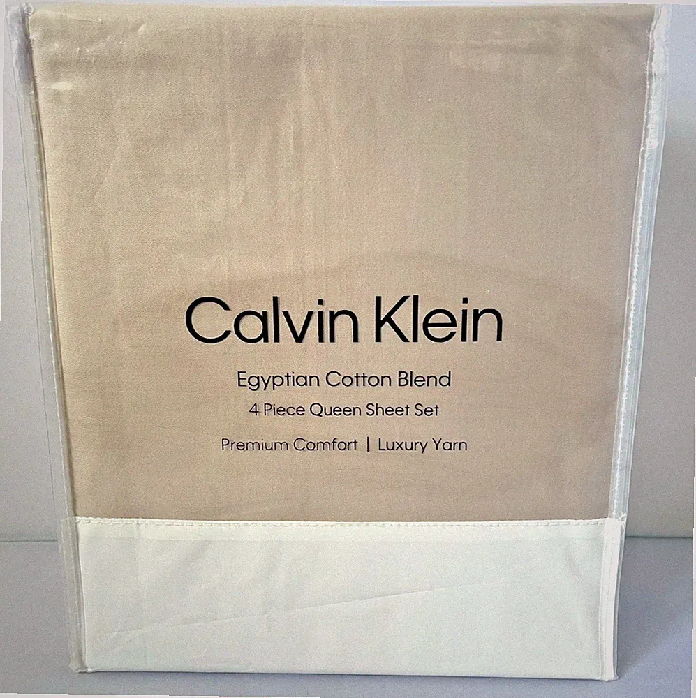 New Calvin Klein Queen Sheet Set 4 PCS Egyptian Cotton Blend Beige Luxury Yarn